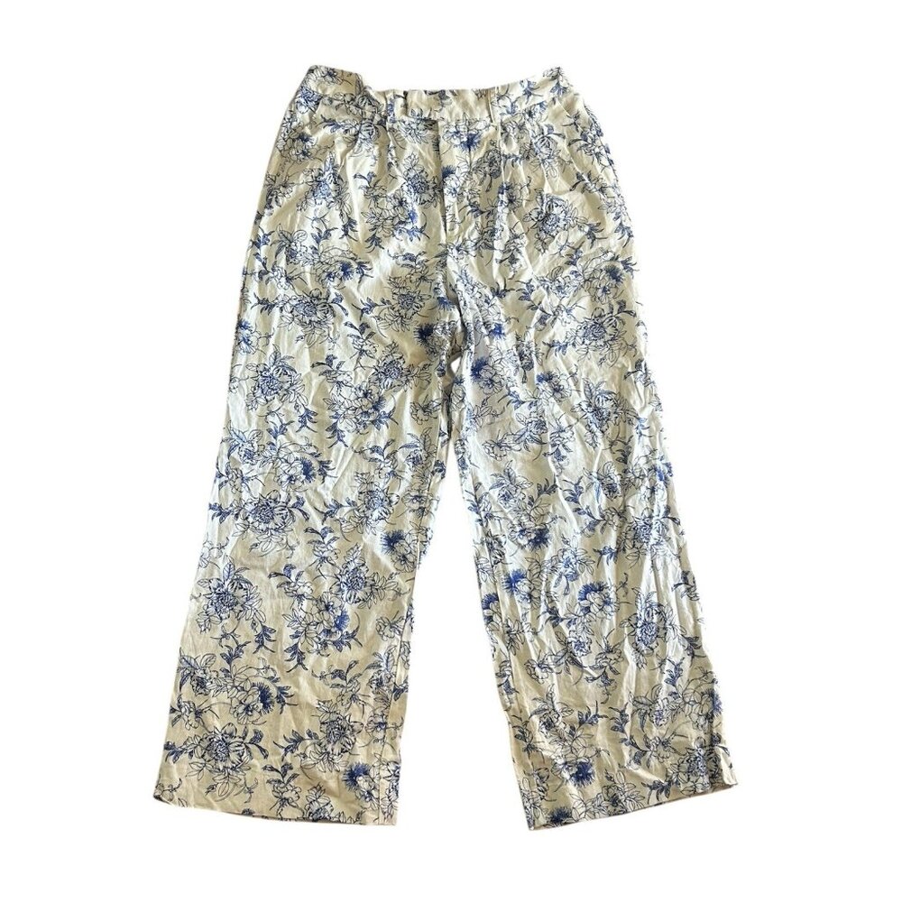 Jason Wu Linen Blend Wide‎ Leg Pants Blue & White Floral Knit Pants Sz 8
